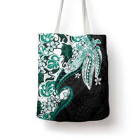 Monstera Plumeria Flowers Teal Tote Bag Polynesian Pattern
