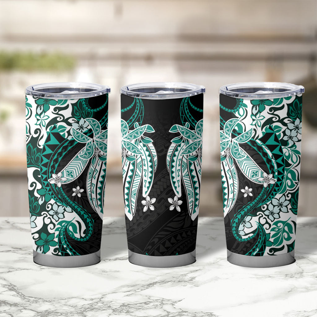 Monstera Plumeria Flowers Teal Tumbler Cup Polynesian Pattern