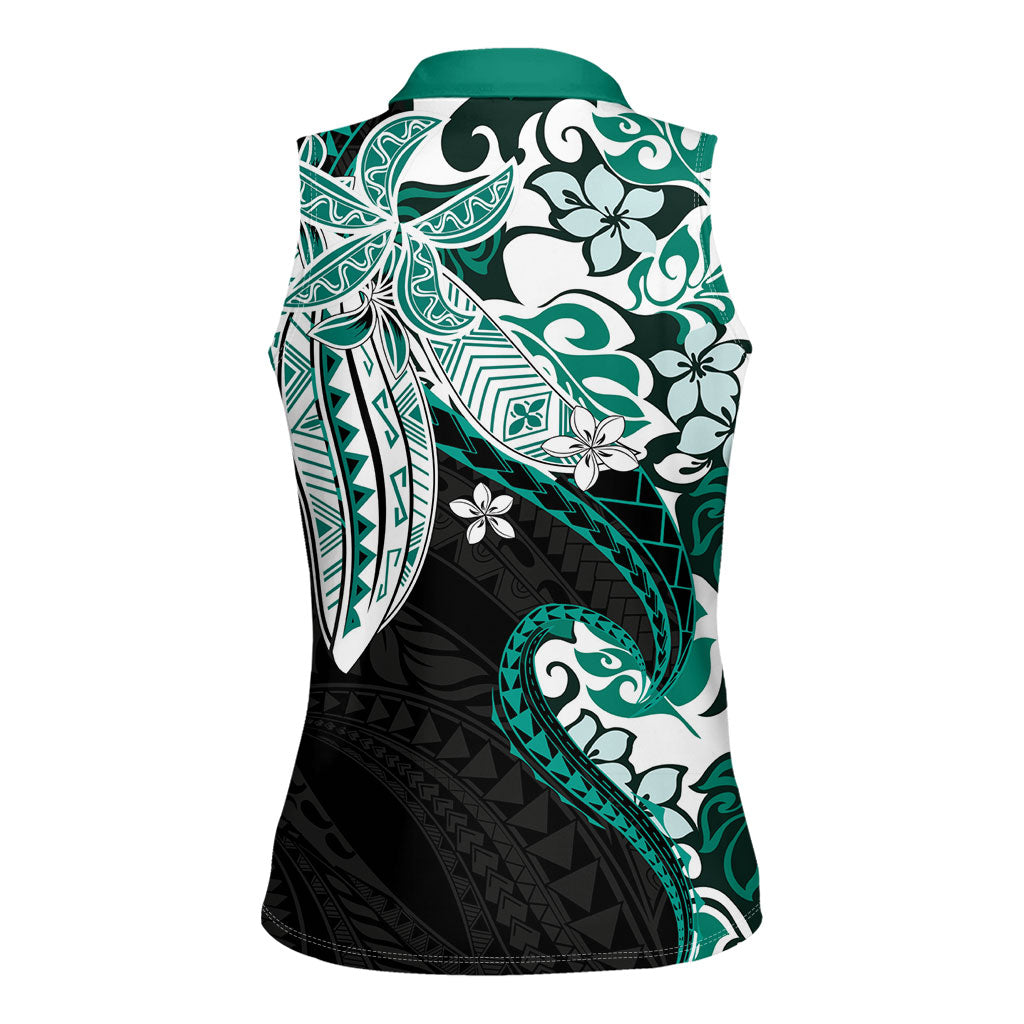 Monstera Plumeria Flowers Teal Women Sleeveless Polo Shirt Polynesian Pattern