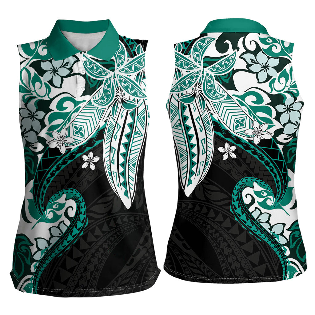 Monstera Plumeria Flowers Teal Women Sleeveless Polo Shirt Polynesian Pattern