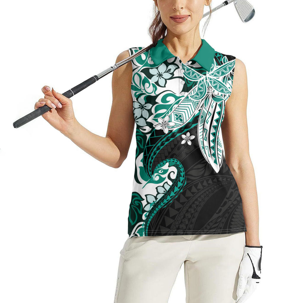 Monstera Plumeria Flowers Teal Women Sleeveless Polo Shirt Polynesian Pattern