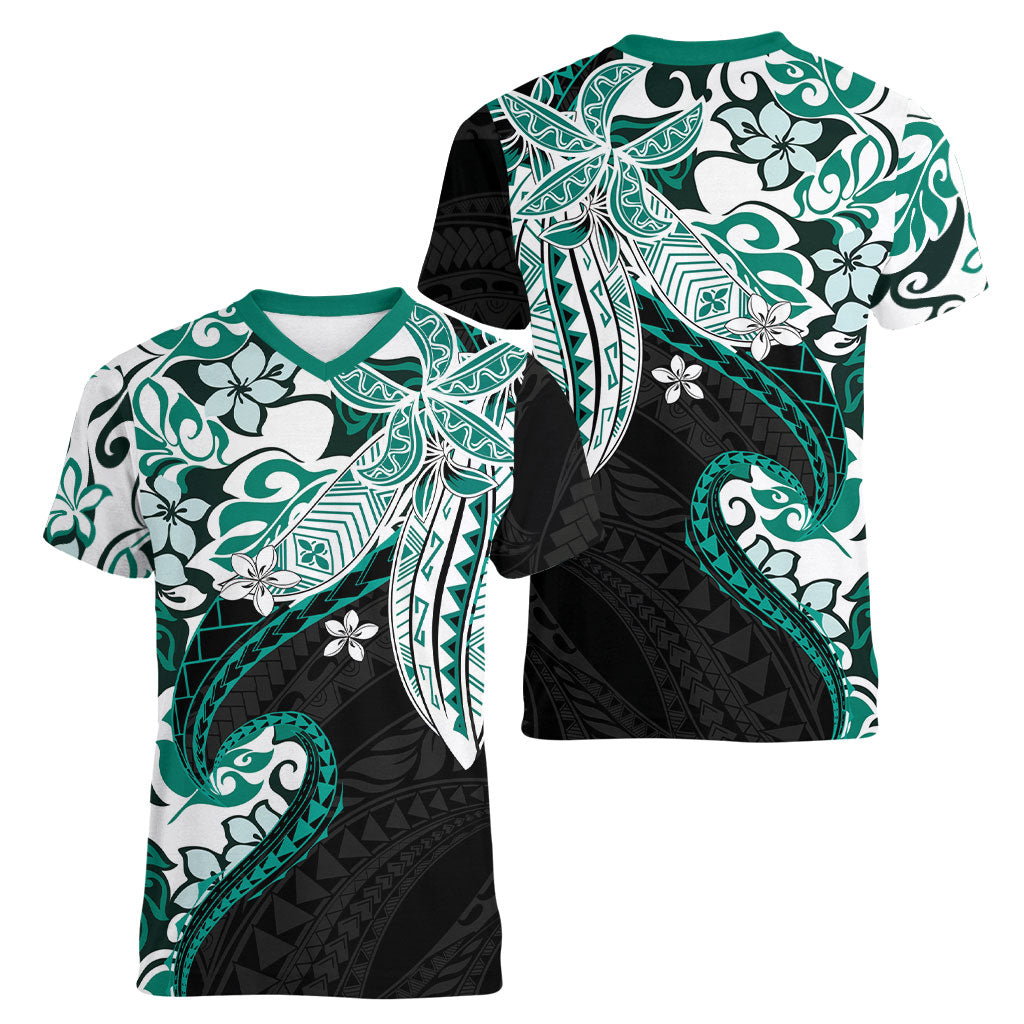 Monstera Plumeria Flowers Teal Women V-Neck T-Shirt Polynesian Pattern