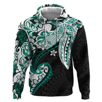 Monstera Plumeria Flowers Teal Zip Hoodie Polynesian Pattern LT01 Pullover Hoodie Teal - Polynesian Pride