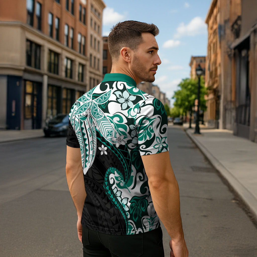 Monstera Plumeria Flowers Teal Zipper Polo Shirt Polynesian Pattern LT01 - Polynesian Pride