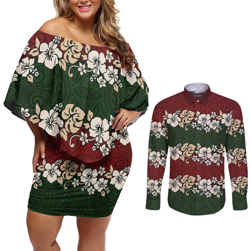 Hawaiian Hibiscus Christmas Color Couples Matching Off Shoulder Short Dress and Long Sleeve Button Shirt Unique LT01 Red - Polynesian Pride