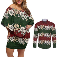 Hawaiian Hibiscus Christmas Color Couples Matching Off Shoulder Short Dress and Long Sleeve Button Shirt Unique LT01 Red - Polynesian Pride