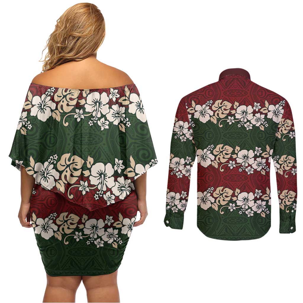 Hawaiian Hibiscus Christmas Color Couples Matching Off Shoulder Short Dress and Long Sleeve Button Shirt Unique LT01 - Polynesian Pride