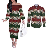 Hawaiian Hibiscus Christmas Color Couples Matching Off The Shoulder Long Sleeve Dress and Long Sleeve Button Shirt Unique