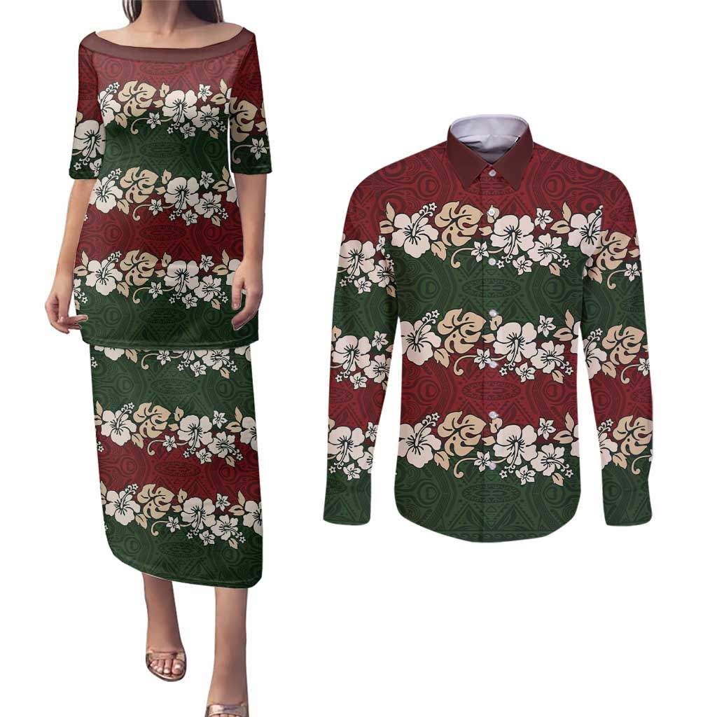 Hawaiian Hibiscus Christmas Color Couples Matching Puletasi and Long Sleeve Button Shirt Unique
