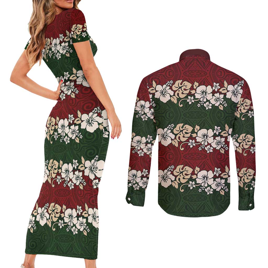 Hawaiian Hibiscus Christmas Color Couples Matching Short Sleeve Bodycon Dress and Long Sleeve Button Shirt Unique