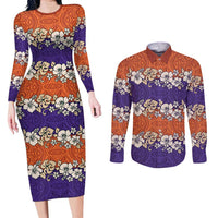 Hawaiian Hibiscus Couples Matching Long Sleeve Bodycon Dress and Long Sleeve Button Shirt Orange and Purple Unique
