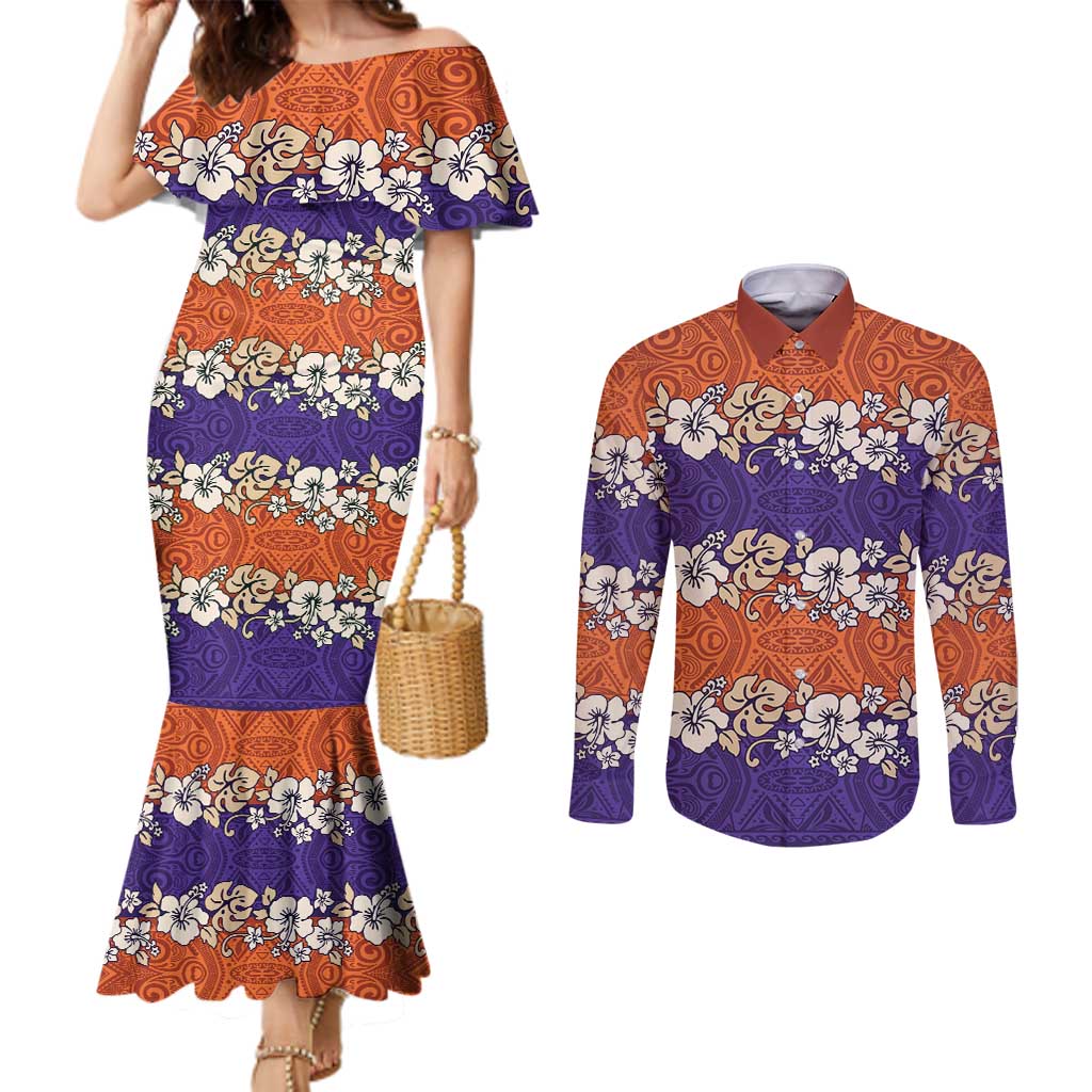 Hawaiian Hibiscus Couples Matching Mermaid Dress and Long Sleeve Button Shirt Orange and Purple Unique
