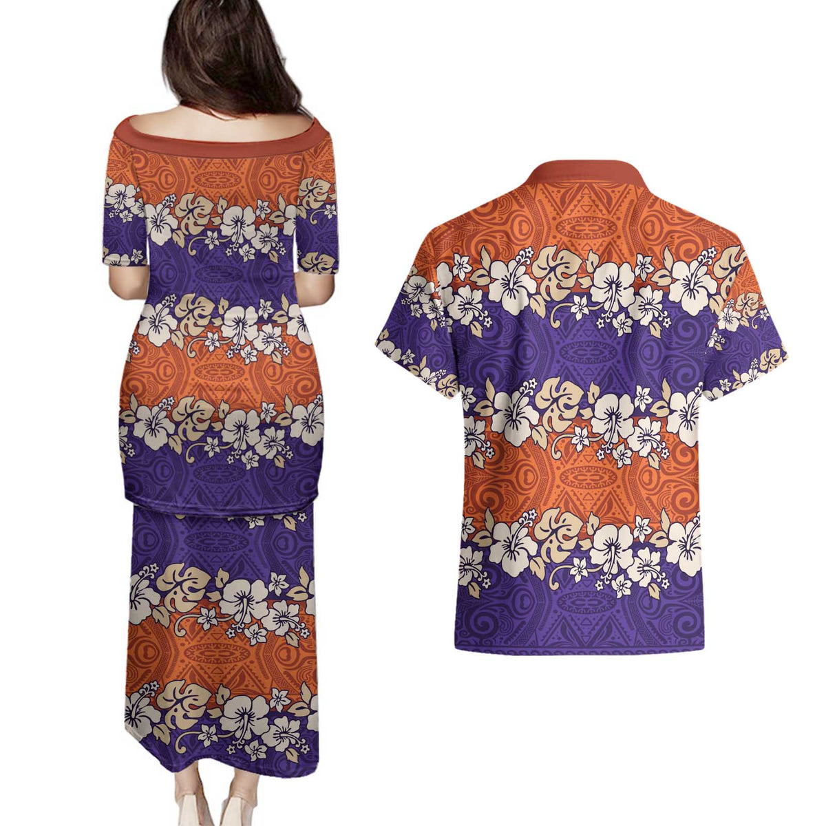 Hawaiian Hibiscus Couples Matching Puletasi and Hawaiian Shirt Orange and Purple Unique