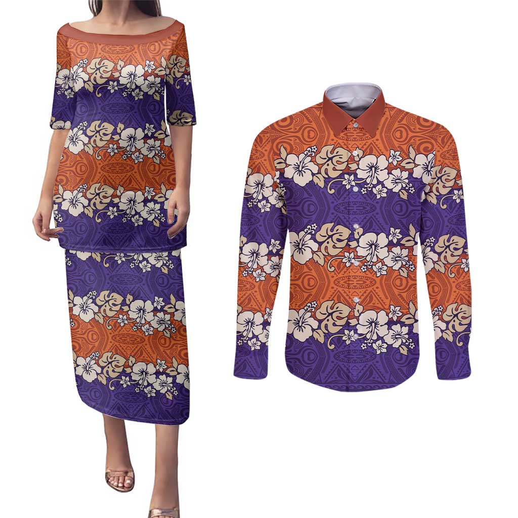 Hawaiian Hibiscus Couples Matching Puletasi and Long Sleeve Button Shirt Orange and Purple Unique