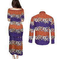 Hawaiian Hibiscus Couples Matching Puletasi and Long Sleeve Button Shirt Orange and Purple Unique