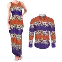 Hawaiian Hibiscus Couples Matching Tank Maxi Dress and Long Sleeve Button Shirt Orange and Purple Unique