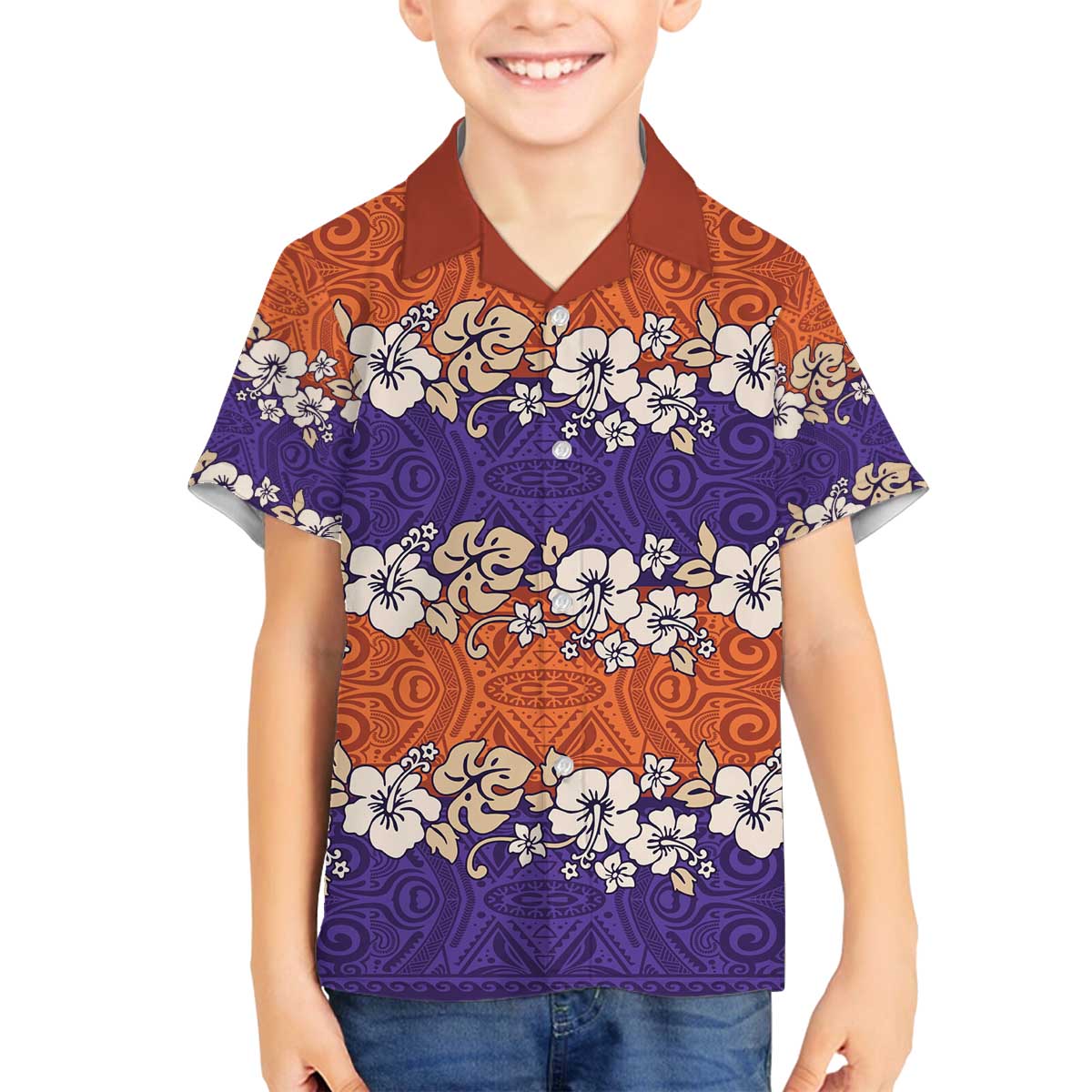 Hawaiian Hibiscus Family Matching Off The Shoulder Long Sleeve Dress and Hawaiian Shirt Orange and Purple Unique