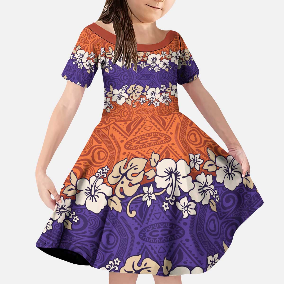 Hawaiian Hibiscus Kid Short Sleeve Dress Orange and Purple Unique