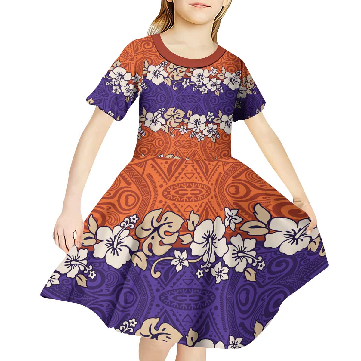 Hawaiian Hibiscus Kid Short Sleeve Dress Orange and Purple Unique