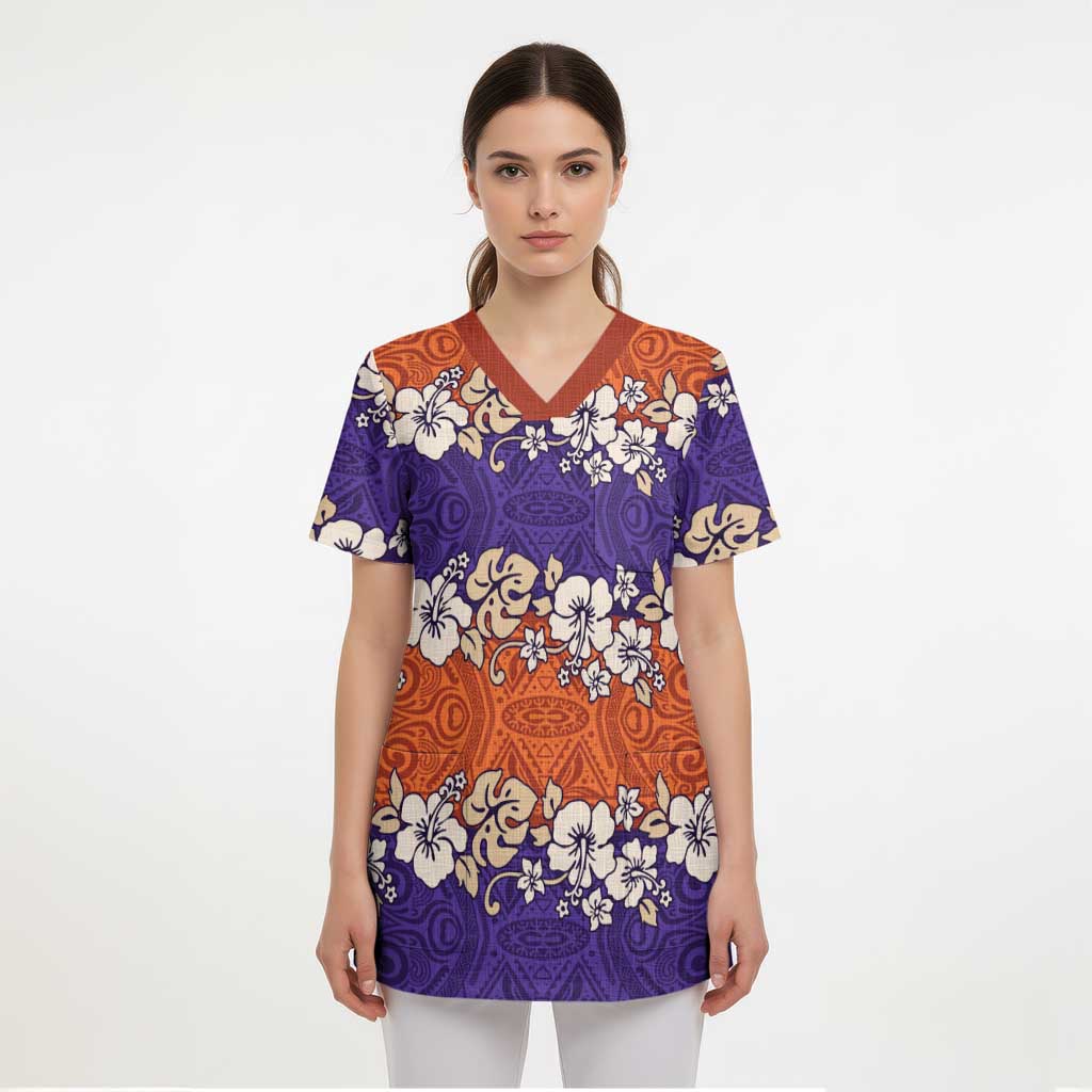 Hawaiian Hibiscus Scrub Top Orange and Purple Unique - Polynesian Pride
