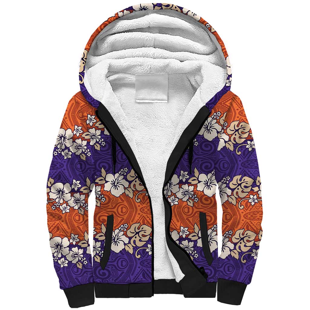 Hawaiian Hibiscus Sherpa Hoodie Orange and Purple Unique