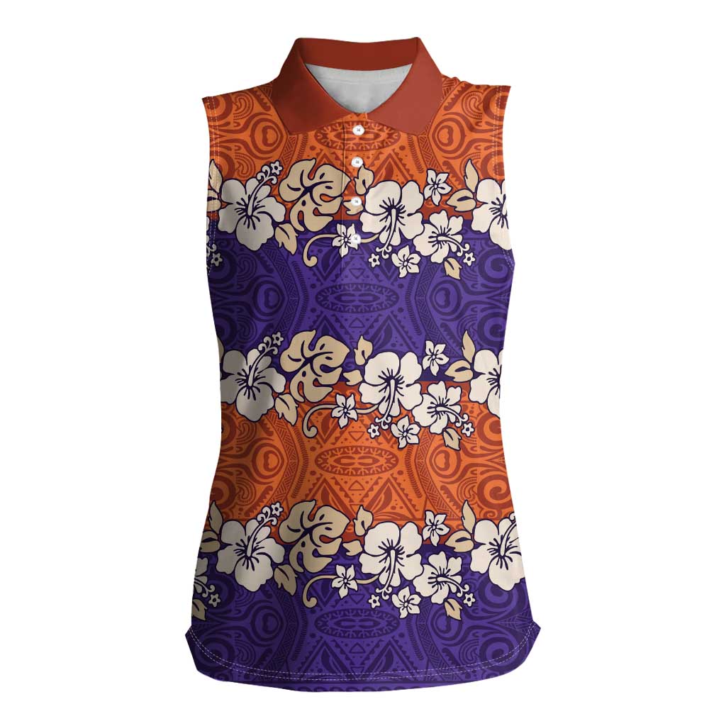 Hawaiian Hibiscus Women Sleeveless Polo Shirt Orange and Purple Unique LT01 Female Orange - Polynesian Pride