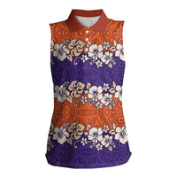 Hawaiian Hibiscus Women Sleeveless Polo Shirt Orange and Purple Unique LT01 Female Orange - Polynesian Pride