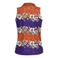 Hawaiian Hibiscus Women Sleeveless Polo Shirt Orange and Purple Unique LT01 - Polynesian Pride