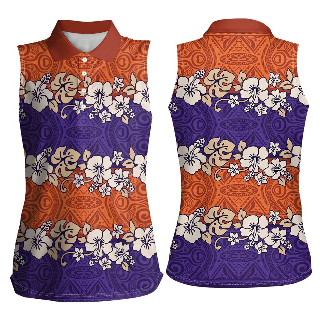 Hawaiian Hibiscus Women Sleeveless Polo Shirt Orange and Purple Unique LT01 - Polynesian Pride
