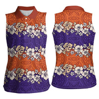 Hawaiian Hibiscus Women Sleeveless Polo Shirt Orange and Purple Unique LT01 - Polynesian Pride
