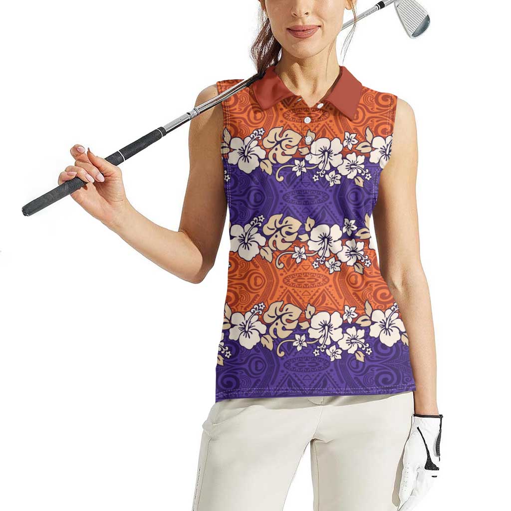 Hawaiian Hibiscus Women Sleeveless Polo Shirt Orange and Purple Unique LT01 - Polynesian Pride
