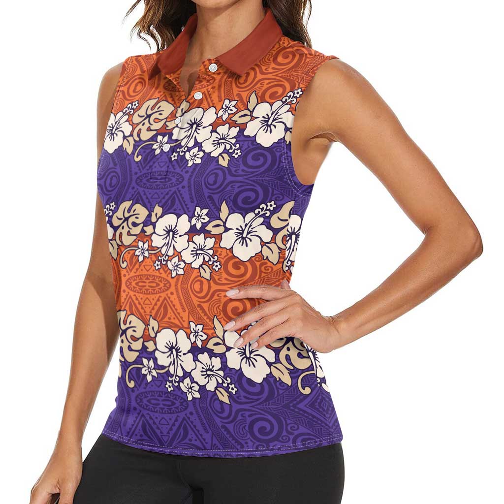 Hawaiian Hibiscus Women Sleeveless Polo Shirt Orange and Purple Unique LT01 - Polynesian Pride