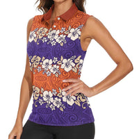 Hawaiian Hibiscus Women Sleeveless Polo Shirt Orange and Purple Unique LT01 - Polynesian Pride