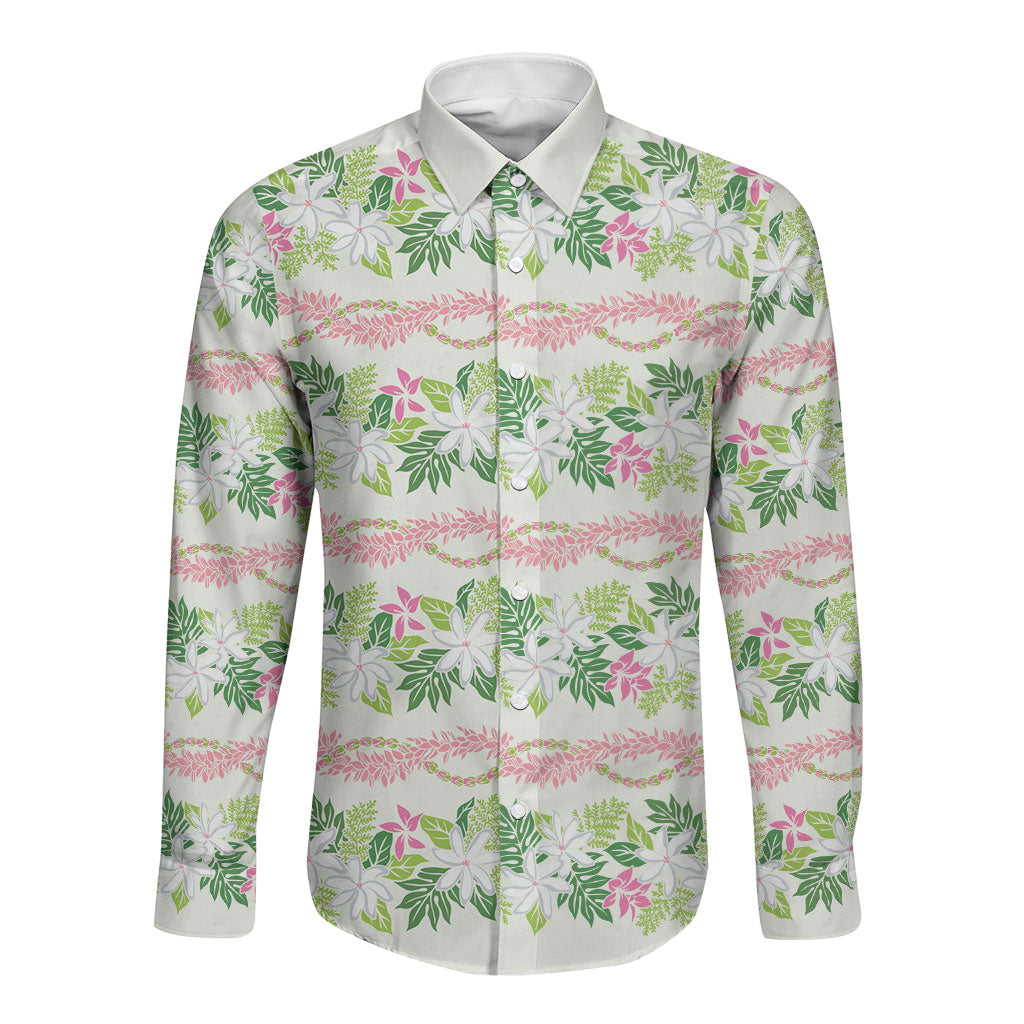 Monstera Tiare Plumeria Lei Pattern Long Sleeve Button Shirt Green Version LT01 Unisex Green - Polynesian Pride