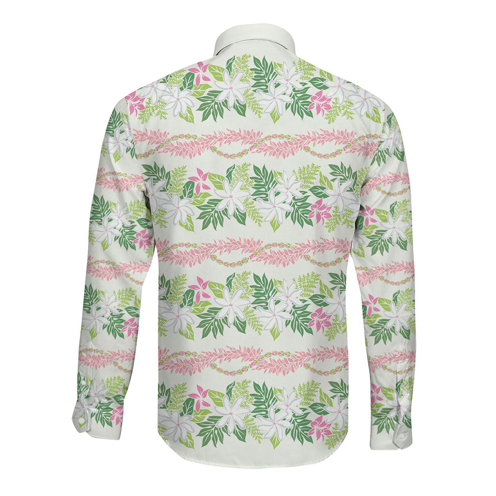 Monstera Tiare Plumeria Lei Pattern Long Sleeve Button Shirt Green Version LT01 - Polynesian Pride