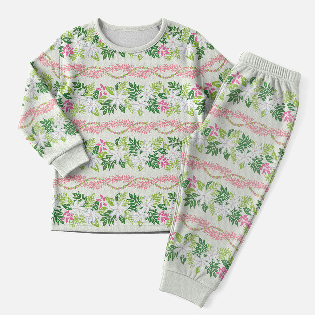 Monstera Tiare Plumeria Lei Pattern Christmas Pajama Set Green Version LT01 Men Green - Polynesian Pride