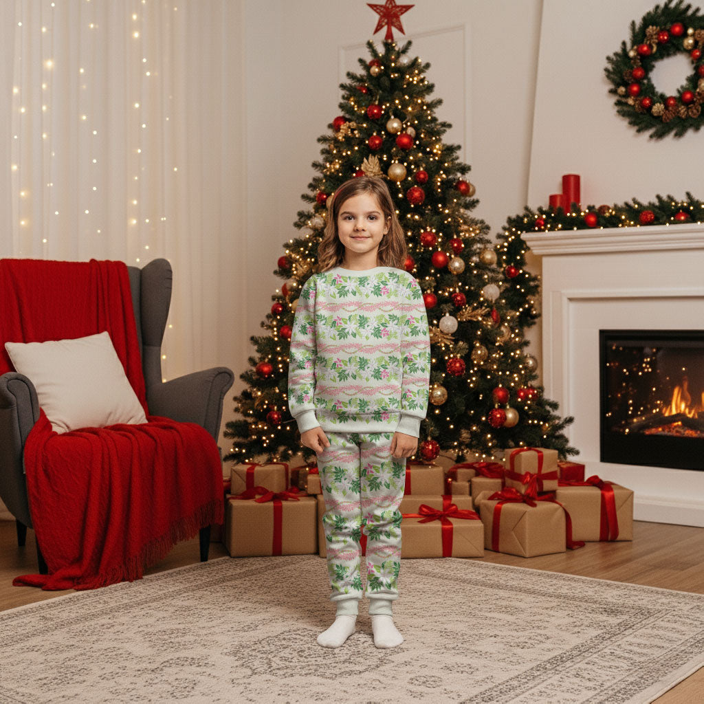 Monstera Tiare Plumeria Lei Pattern Christmas Pajama Set Green Version LT01 Kid Green - Polynesian Pride