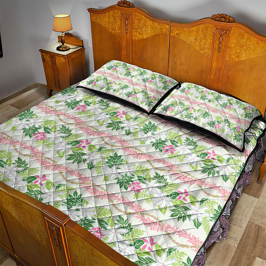 Monstera Tiare Plumeria Lei Pattern Quilt Bed Set Green Version LT01 - Polynesian Pride