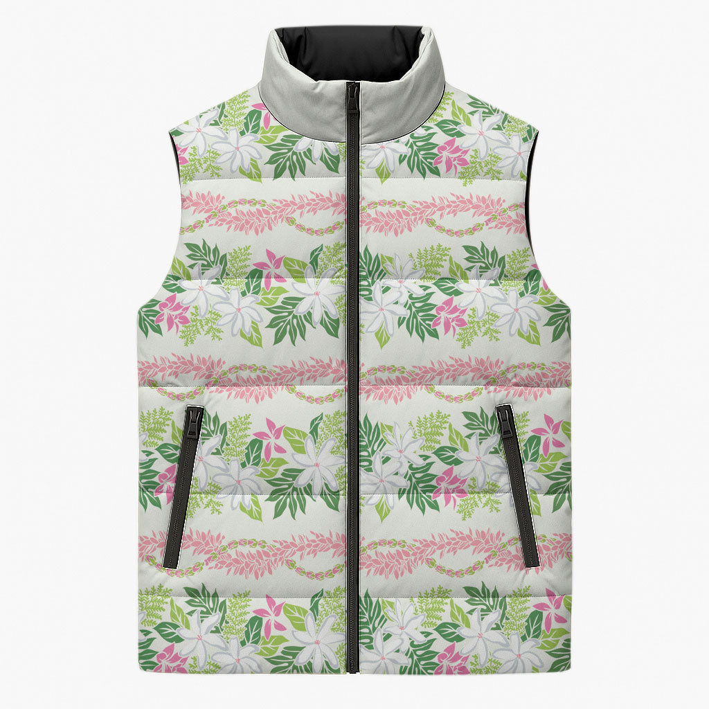 Monstera Tiare Plumeria Lei Pattern Sleeveless Puffer Jacket Green Version LT01 Unisex Green - Polynesian Pride