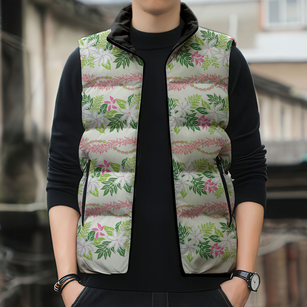 Monstera Tiare Plumeria Lei Pattern Sleeveless Puffer Jacket Green Version LT01 - Polynesian Pride