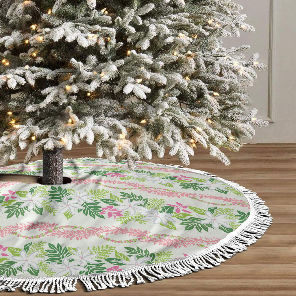 Monstera Tiare Plumeria Lei Pattern Tree Skirt Green Version LT01 - Polynesian Pride