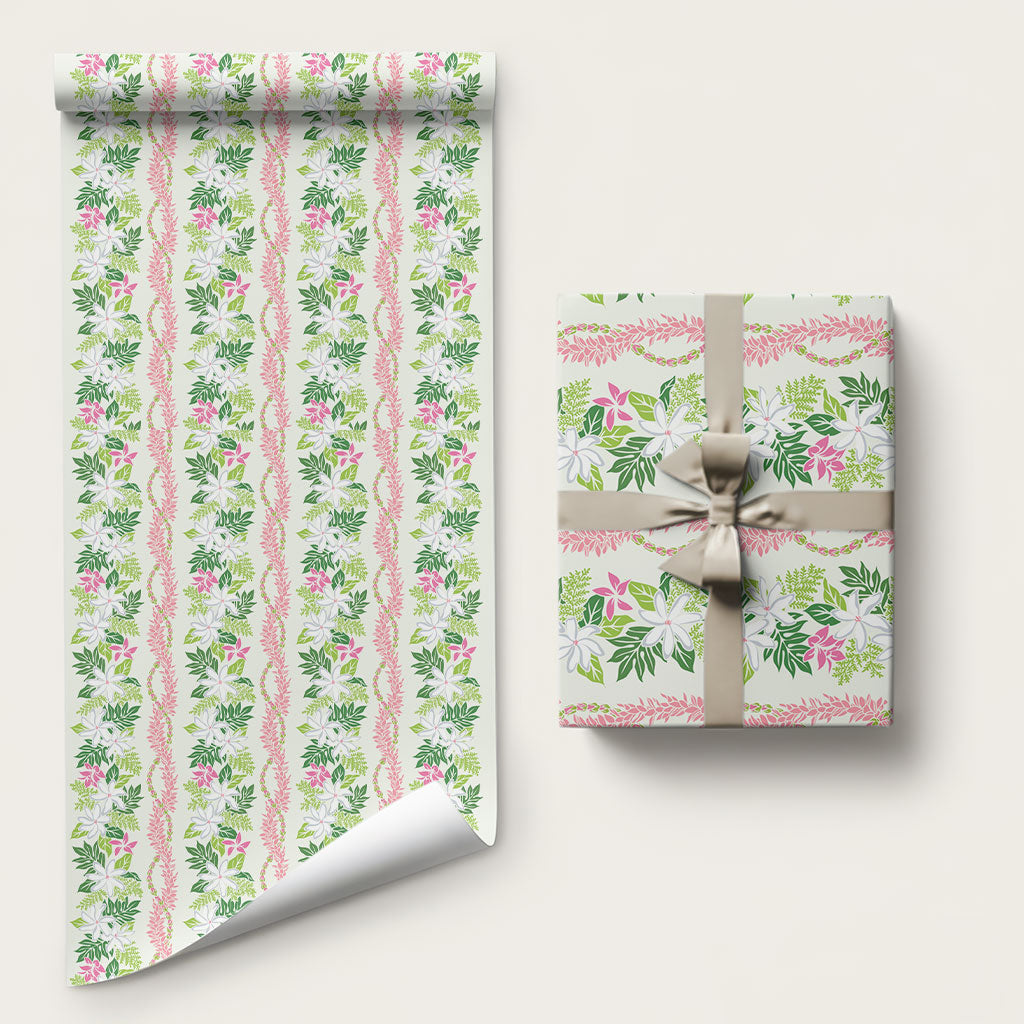 Monstera Tiare Plumeria Lei Pattern Wrapping Paper Green Version LT01 58" × 23" Green - Polynesian Pride