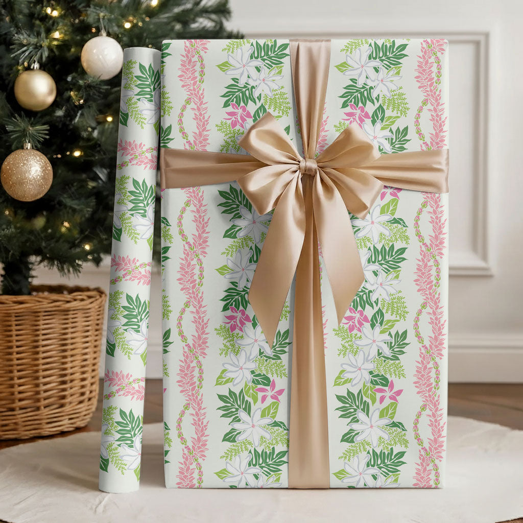 Monstera Tiare Plumeria Lei Pattern Wrapping Paper Green Version LT01 - Polynesian Pride