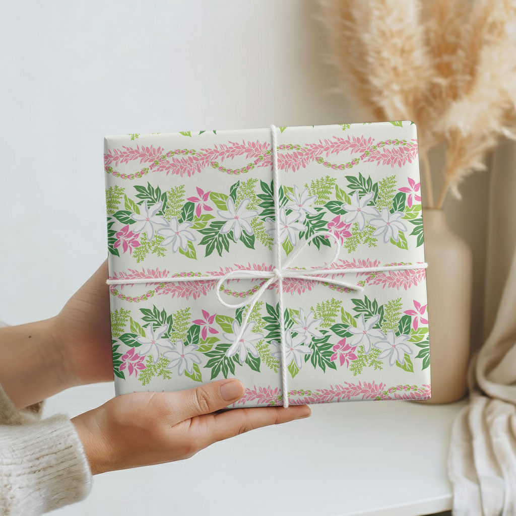 Monstera Tiare Plumeria Lei Pattern Wrapping Paper Green Version LT01 - Polynesian Pride