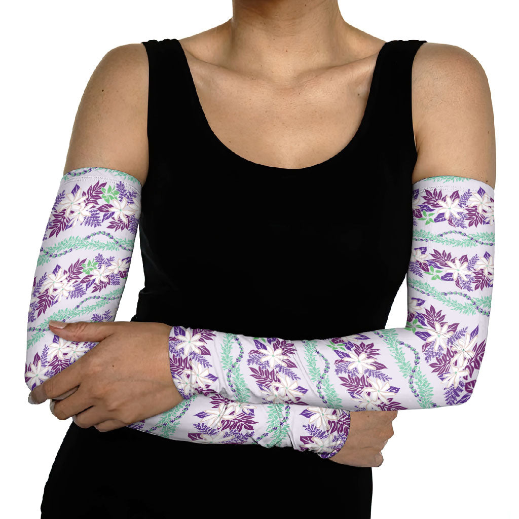 Monstera Tiare Plumeria Lei Pattern Arm Sleeves Purple Version LT01 - Polynesian Pride