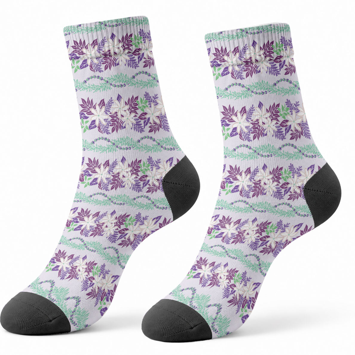 Monstera Tiare Plumeria Lei Pattern Crew Socks Purple Version LT01 - Polynesian Pride