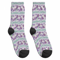 Monstera Tiare Plumeria Lei Pattern Crew Socks Purple Version LT01 - Polynesian Pride