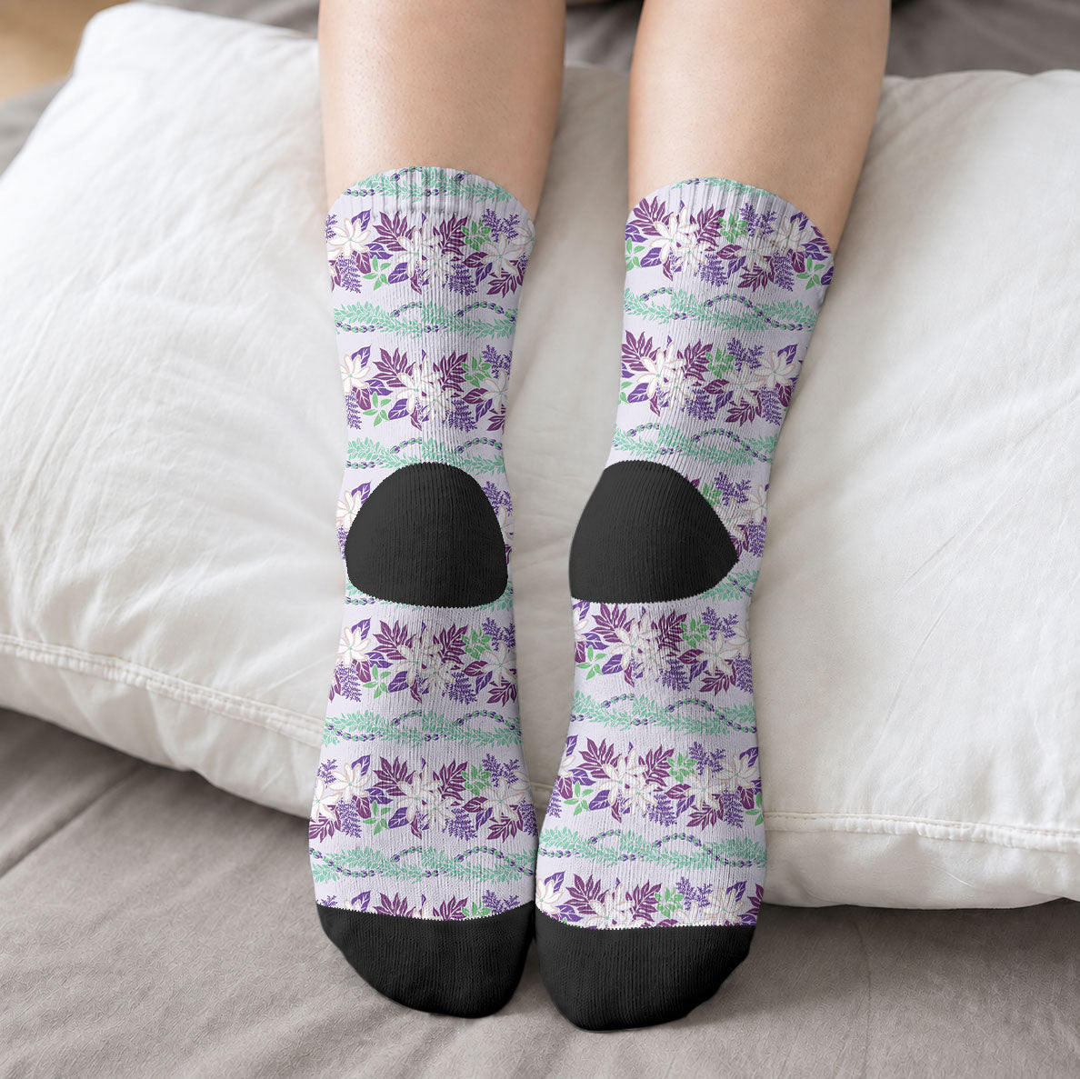 Monstera Tiare Plumeria Lei Pattern Crew Socks Purple Version LT01 - Polynesian Pride