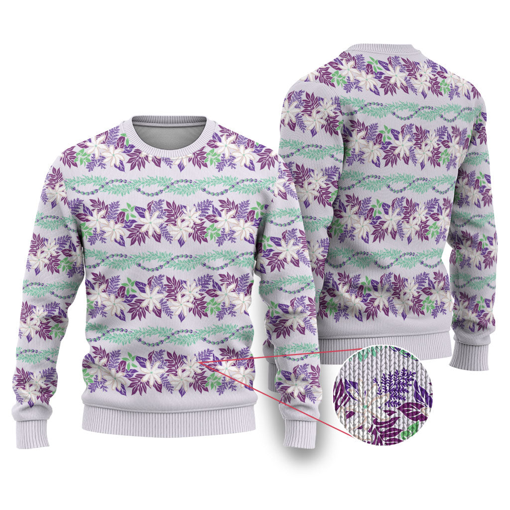 Monstera Tiare Plumeria Lei Pattern Ugly Christmas Sweater Purple Version LT01 Purple - Polynesian Pride