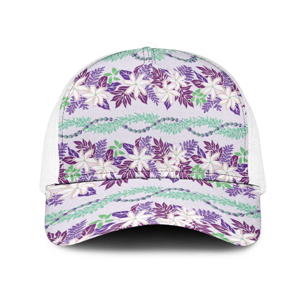 Monstera Tiare Plumeria Lei Pattern Mesh Trucker Cap Purple Version LT01 One Size White Purple - Polynesian Pride